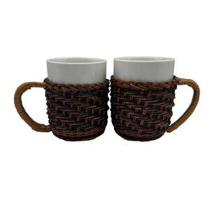 Wicker Wrapped Ceramic Mug Set Rustic Brown White Drinkware Boho Natural Style D